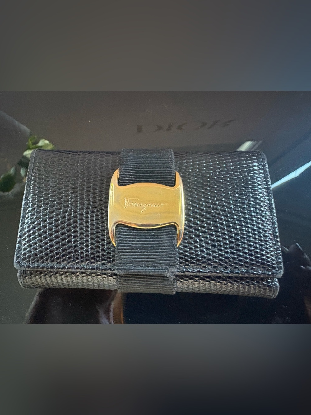 Vintage Salvatore Ferragamo Black Vara Bow Lizard Embossed Card Holder